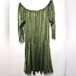 Green seqins , off the shoulder knee-length dress.